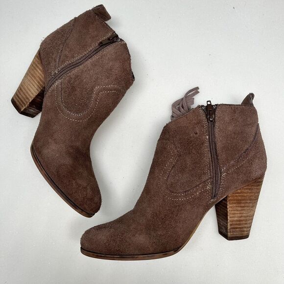 Steve Madden Ohio Brown Suede Boots Women 7.5 Zip Leather Fringe Ankle Booties - Picture 6 of 11